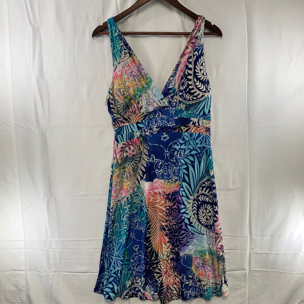 Nani Kai Tropical Dress Womens XL Blue Multi V-Neck Sleeveless 3371 Made USA